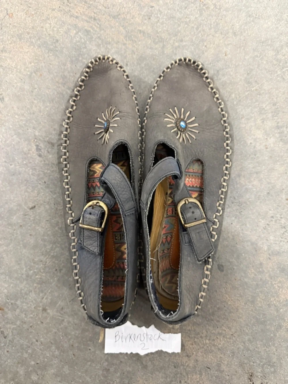 Hush Puppies Gray Leather Mary Jane Loafers with Sunburst Accent